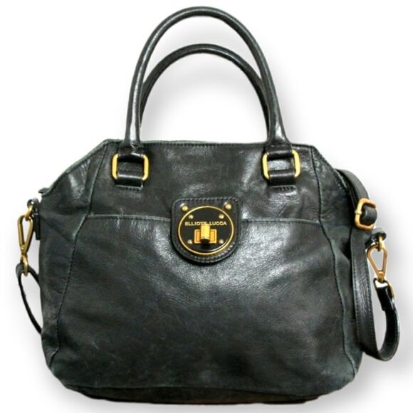 ELLIOTT LUCCA BLACK GENUINE LEATHER TURN LOCK X-BODY TOTE SHOULDER BAG HANDBAG - Picture 1 of 8